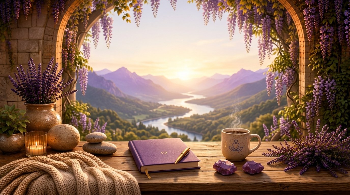 My Peaceful Companion sanctuary — lavender, journal and tea overlooking a sunrise valley